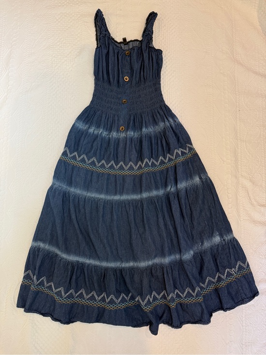 Indigo and Violet Dresses & Skirts - Indigo & Lace Maxi Dress Tiered Chambray Smocked Boho Cottage Prairie Rodeo M